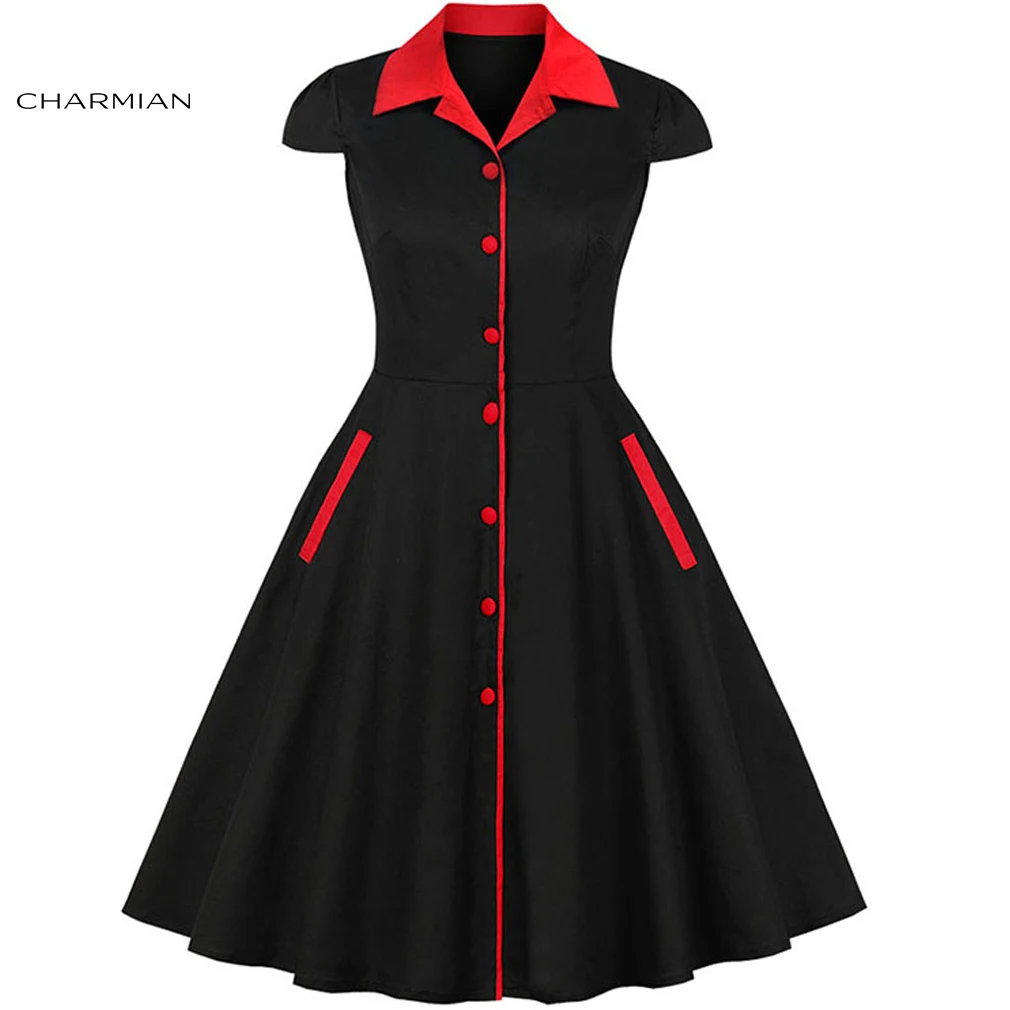 Женское винтажное платье Чонсам Charmian Черное и красное с отворотом короткими