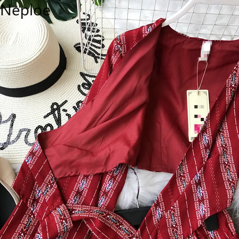 Neploe Bohemian Print Women Two Piece Set V-Neck Long Sleeve Shirts+Zipper Fly High Waist Full Pants Fashion Suits 44776 |
