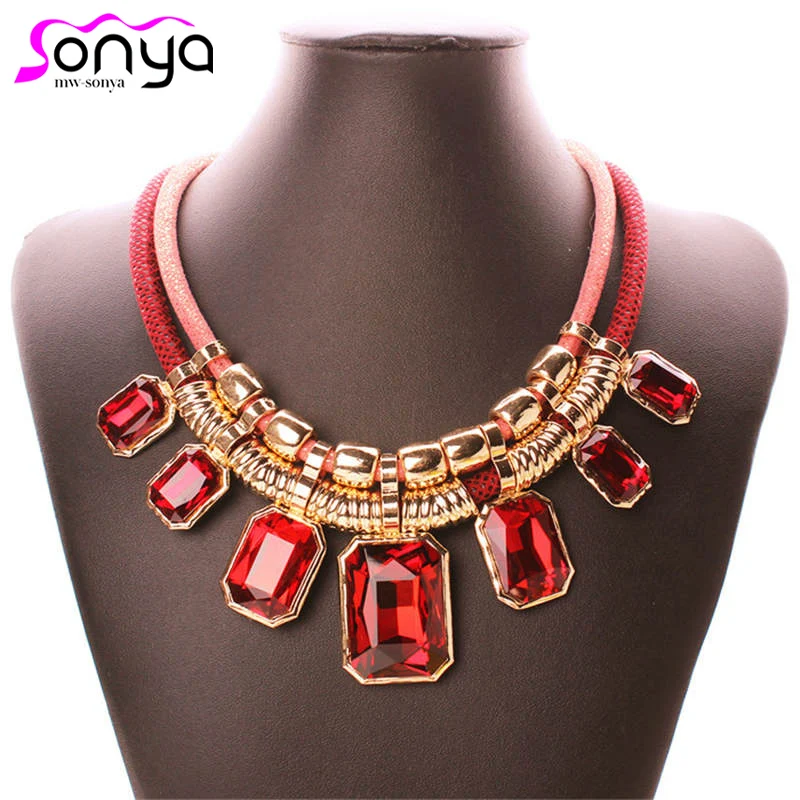 

Exaggerated Pendants Chokers Colorful Chain Double Layers Big Rhinestone Torques Statement Women Necklace 3L5009