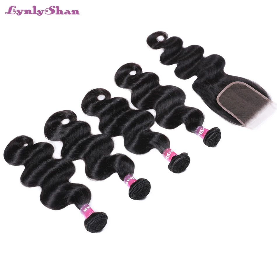 Lynlyshan бразильские объемные волнистые пучки с закрытием Remy человеческие волосы