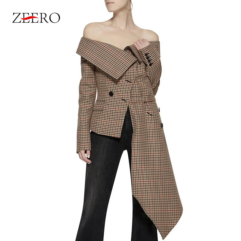 ZEERO Off Shoulder Plaid Blazer Female Jacket Slash Neck Long Sleeve Irregular Hem Plus Size Women's Coats Spring Autumn Fashion | Женская