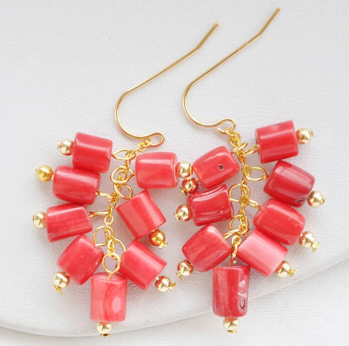 Hot sell Noble- hot new - free shipping 12417 cylindrical red coral dangle earring | Украшения и аксессуары