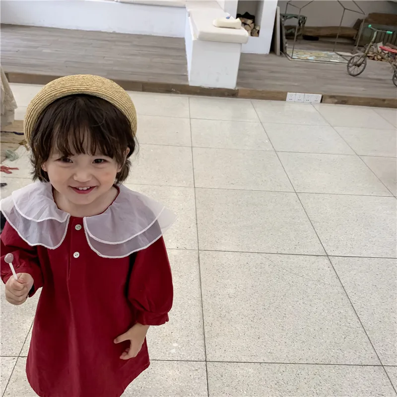 Корейский стиль Мода органзы Два слойный воротник с длинными рукавами платье