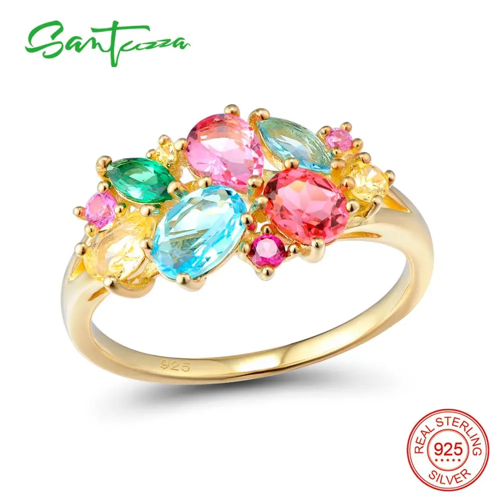 Женское серебряное кольцо SANTUZZA, 925 пробы, серебряные Модные кольца для женщин, цветные камни, кубический цирконий, кольца, вечерние ювелирные изделия