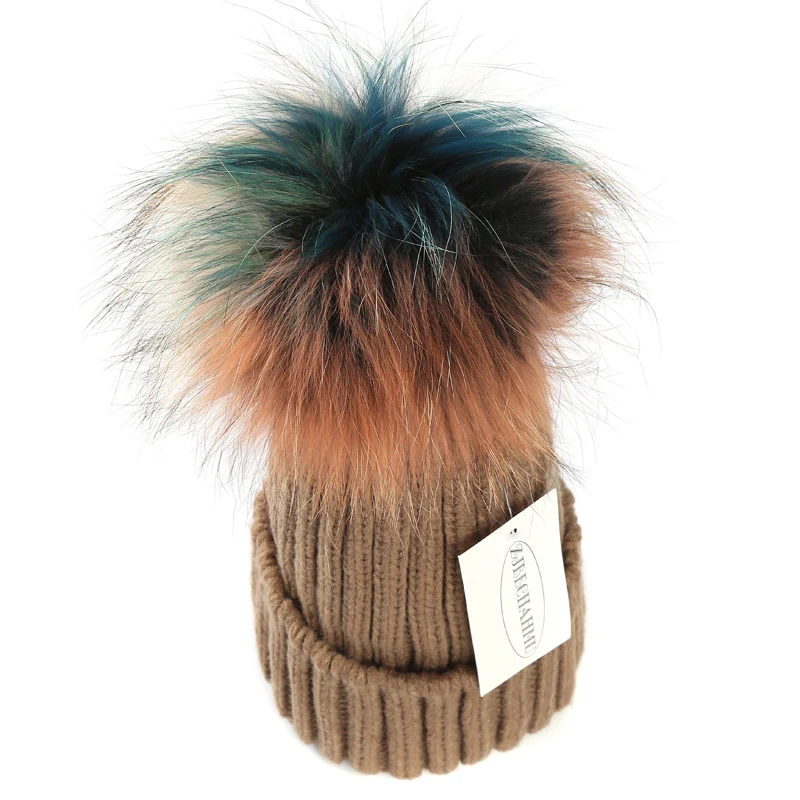 Children Khaki Модная новинка, помпоны из натурального Лисьего меха и норки, 15 см, Skullies Beanies, шапки для женщин и девочек, зимние шапки, детские шапки, шапка - Цвет: Children Khaki