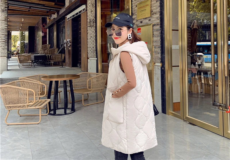 Women Hooded Long Vest Jacket Gilet Sleeveless Waistcoat Women's Outerwear with Hood