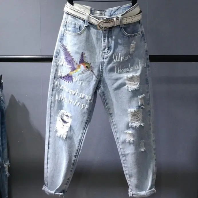 Женские джинсы с дырками Новинка лета 2020 модные брюки-султанки до щиколотки