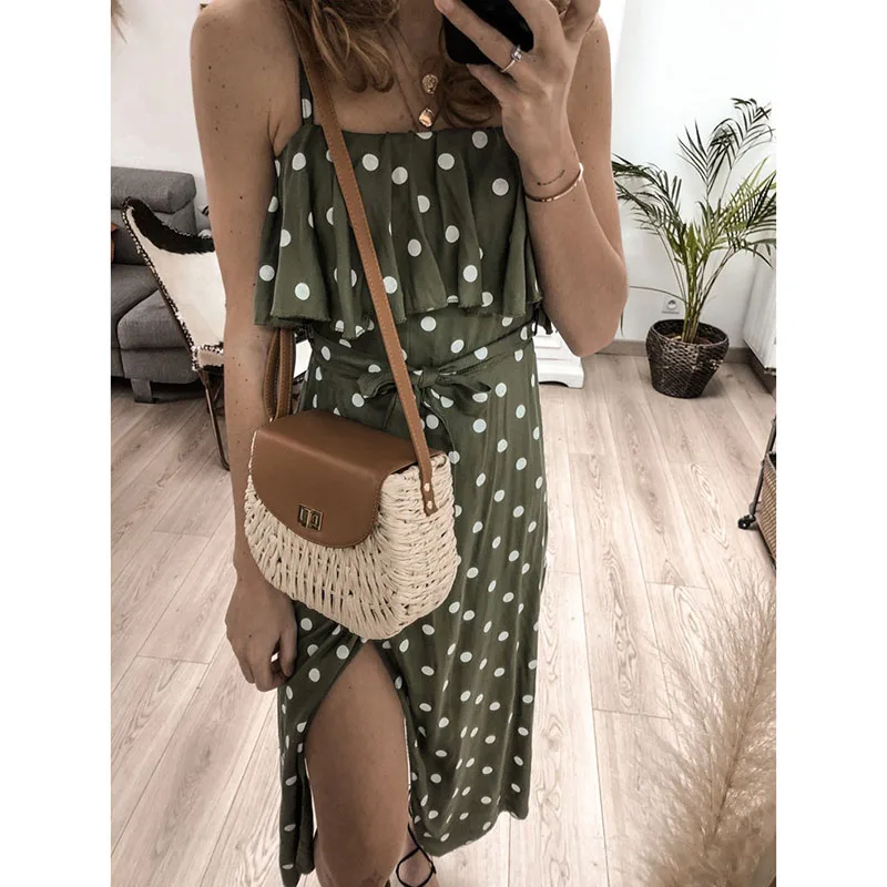 Boho женское сексуальное пляжное платье с разрезом сбоку в горошек бандо летние