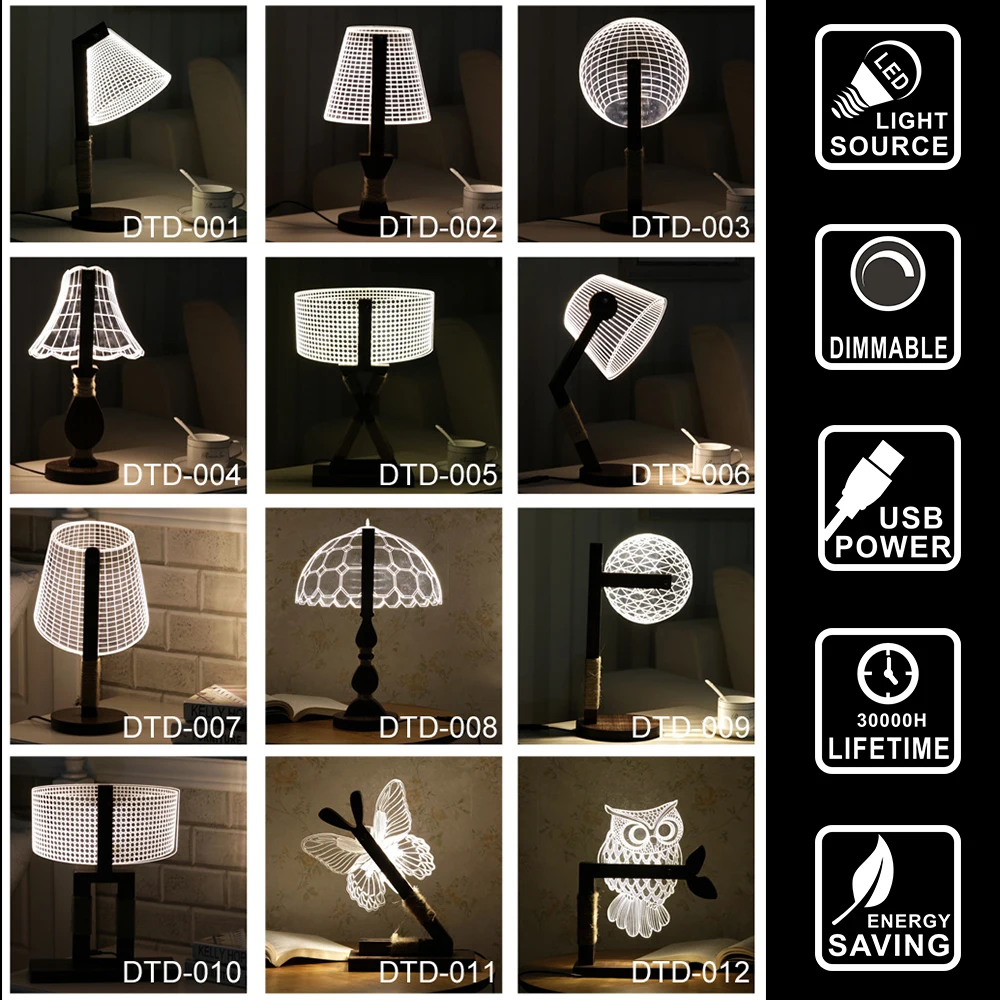 Декоративная лампа из дерева со светодиодной лампой, светильник из дерева, акриловое 3D иллюзионное освещение, светодиодная современная настольная лампа для жилых помещений, ночник с микро USB IY804004.