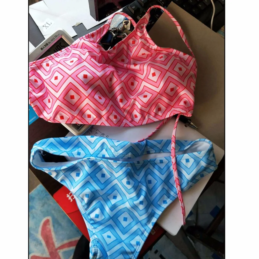 Женский комплект бикини с принтом розовый купальник пуш ап высокой горловиной