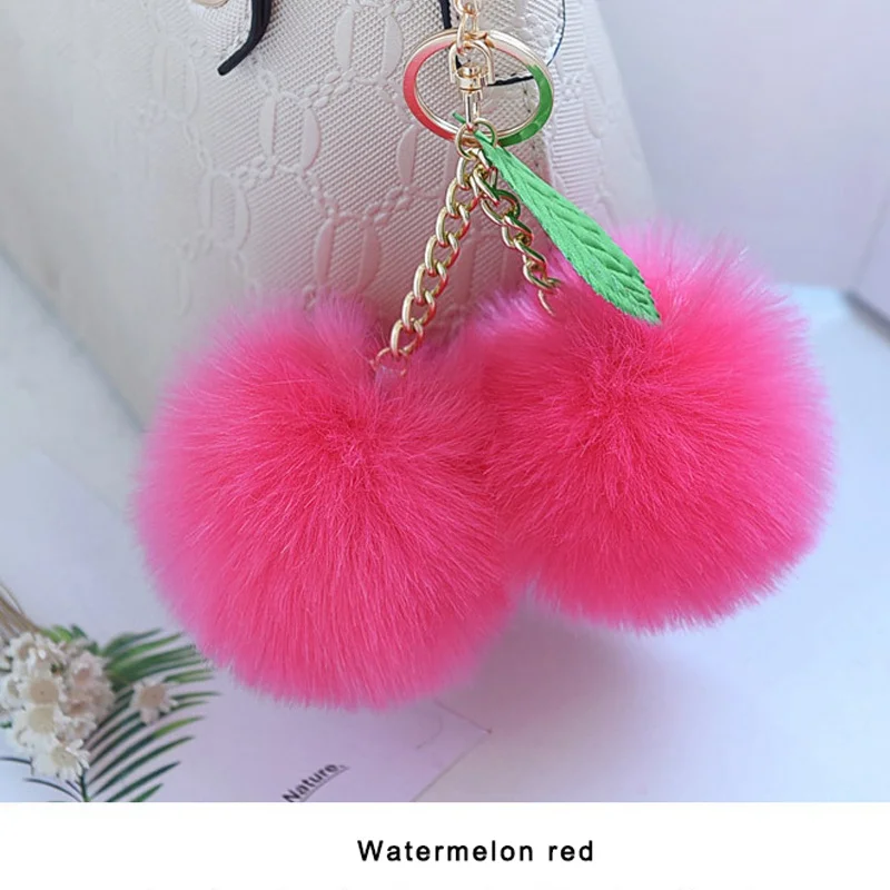 Watermelon red Корейская мода двойной пушистый шарик-помпон брелок конфетного цвета брелок-вишня для сумки автомобиля женщин искусственный мех кролика брелок - Цвет: Watermelon red