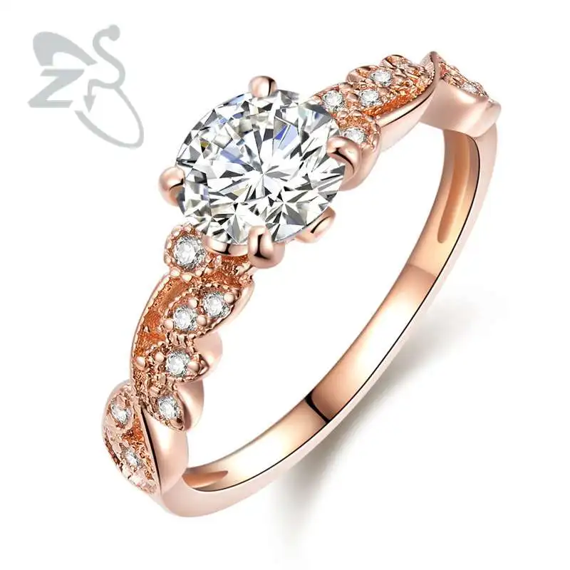 

ZS Wedding Rings for Women Crystal Flower Leaf Rings for Women Rose Gold CZ Zircon Ring Engagement Wedding Bands bague femme