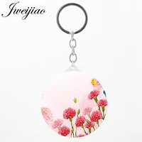 jweijiao red flowers and green leaves round compact mirror chinese rose peony orchid pictures printing keychains mirror fs55