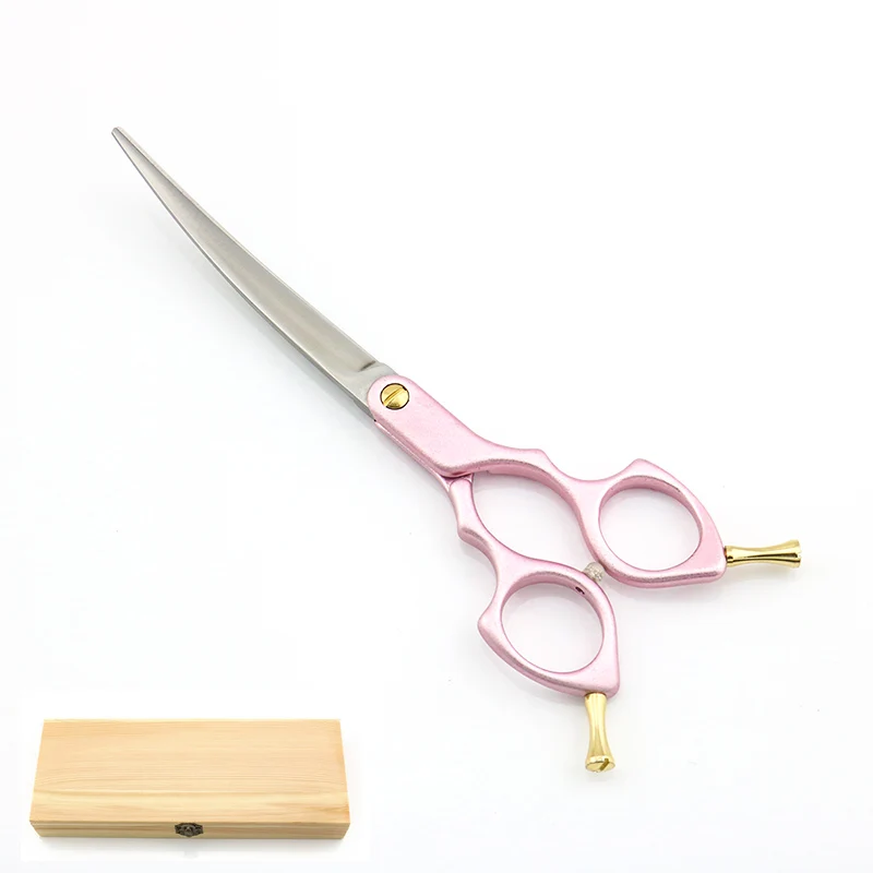 Pink Handle wood box Профессиональные ножницы для ухода за собаками, изогнутые ножницы 6,5 дюймов, авиационная алюминиевая ручка, супер Япония, 440C Lyrebird, Новинка - Цвет: Pink Handle wood box