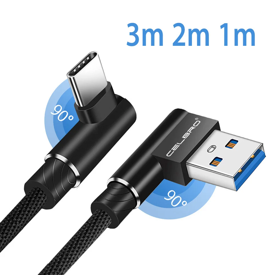 90 градусов прямой угол usb type C кабель 3 м 2 м кабель C для Xiaomi Mi 9 9t 8 A3 samsung Galaxy Note 10 S10 A5 A50 A70 M30S