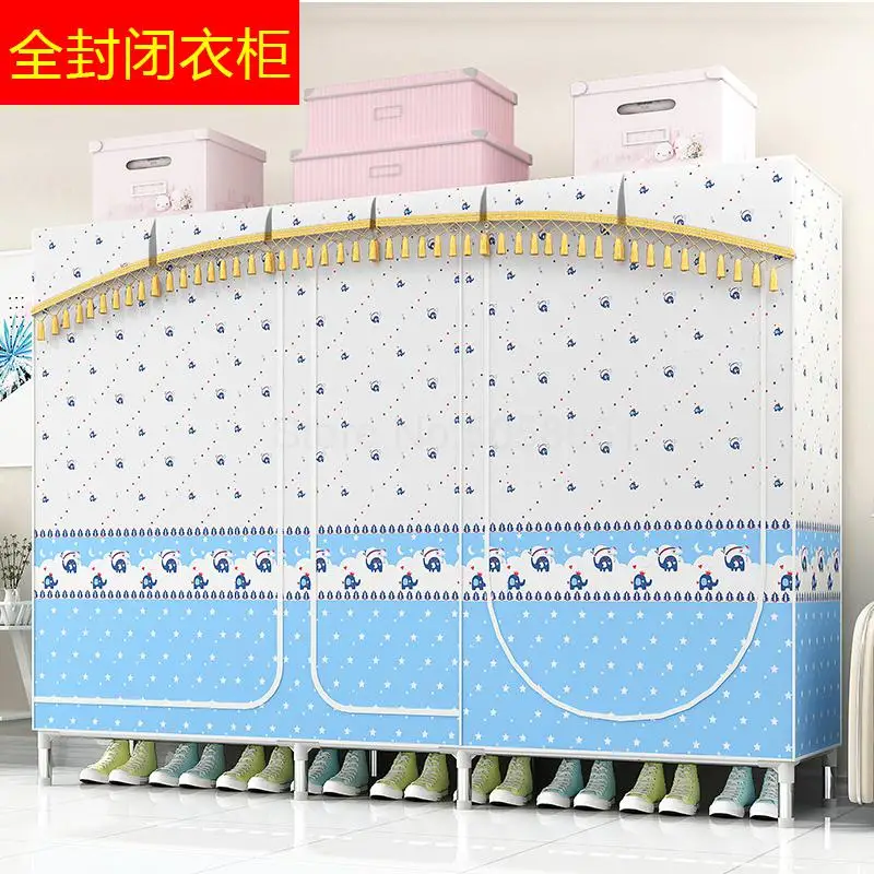 Oversized simple fabric wardrobe steel pipe bold reinforcement double thickened fully enclosed cloth closet wardrobe