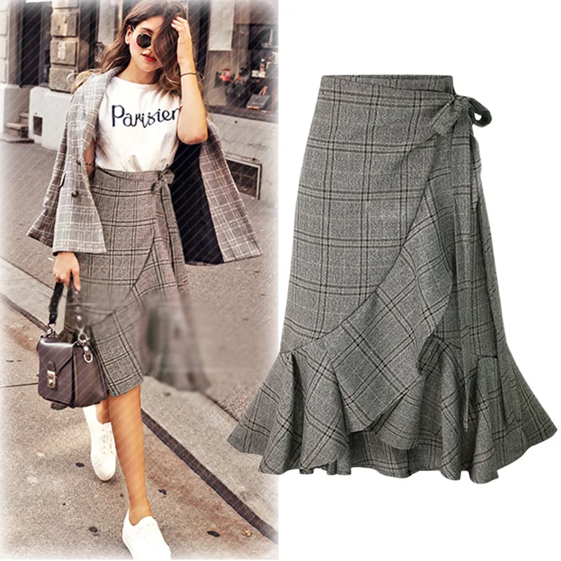 Стильная повседневная клетчатая юбка с высокой талией Женская неравномерная