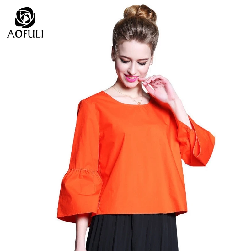 Женские блузки с расклешенными рукавами AOFULI S ~ 4XL оранжевые рукавом 3/4 хлопковые