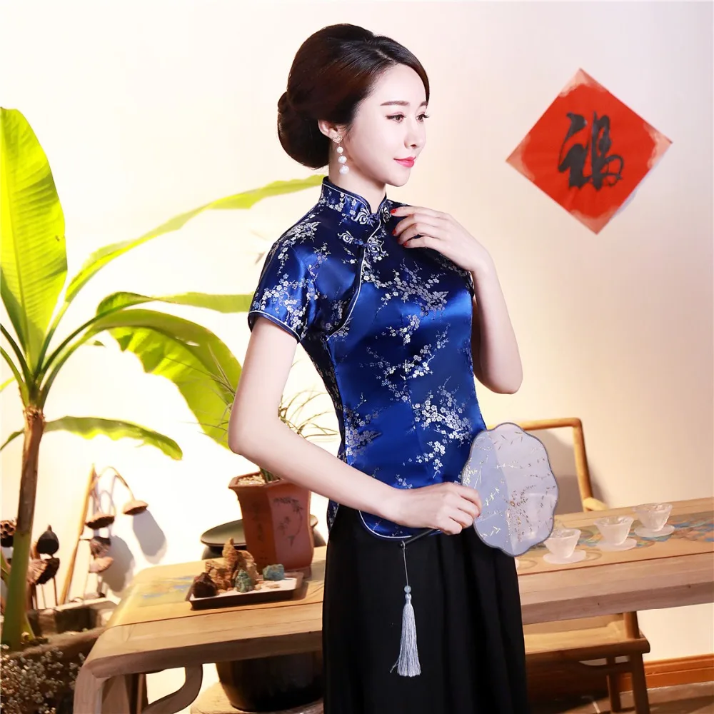 Шанхай история короткие Cheongsam Топ Традиционный китайский искусственный шелк/Атласный топ Дракон и Феникс Вышивка Блузка Топ Qipao рубашка