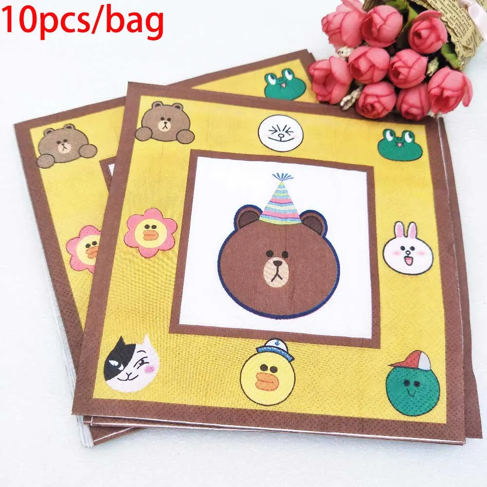 Napkin 10pcs Коричневый медведь Дети День рождения украшения набор вечерние принадлежности баннер на тарелке, чашке шляпа соломы Лут мешок рог вилка одноразовая посуда - Цвет: Napkin 10pcs