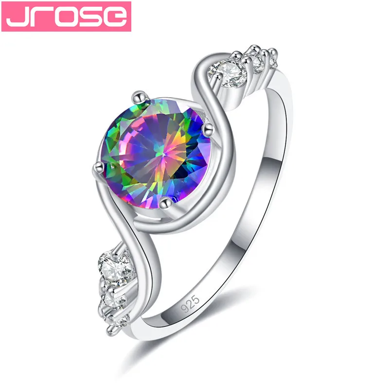 

JROSE New Fashion Design Round Rainbow Sea Blue Cubic Zircon Silver Rings For Women Wedding Engagement Jewelry Drop Shipping