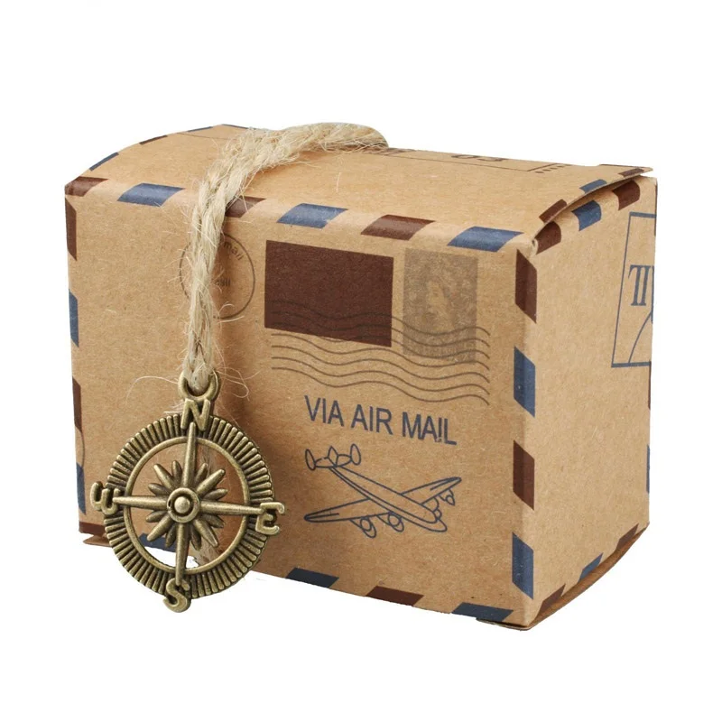 50pcs Vintage Via Air Mail Global Paper Candy Box with Metal Compass envelope Cake Bomboniera Sachet Wedding decor | Дом и сад