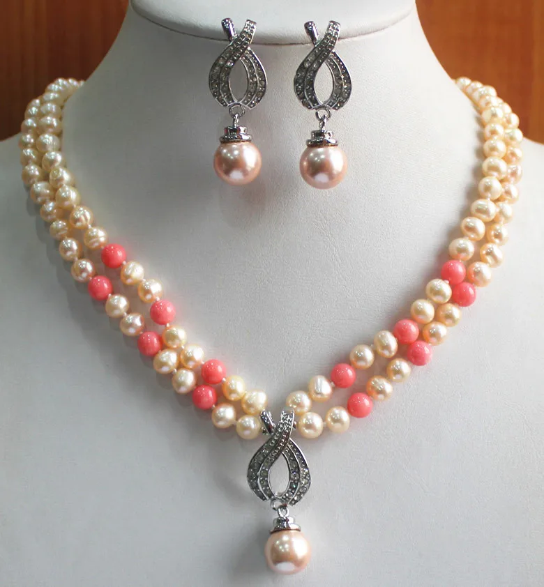 Оптовая продажа 2 ряда 8 мм желтый/оранжевый красный жемчужное ожерелье + 14