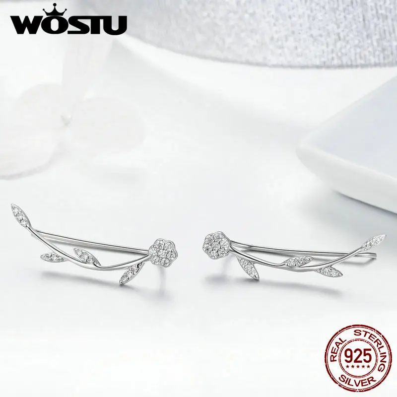 WOSTU High Quality 925 Sterling Silver Plant Shining Leaves Stud Earrings for Women Fashion Jewelry FIE266 | Украшения и