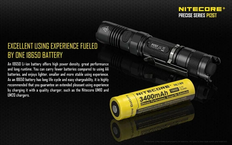 NITECORE P12GT с перезаряжаемой батареей 18650 1000 Lms CREE XP-L HI V3 светодиодный тактический фонарь