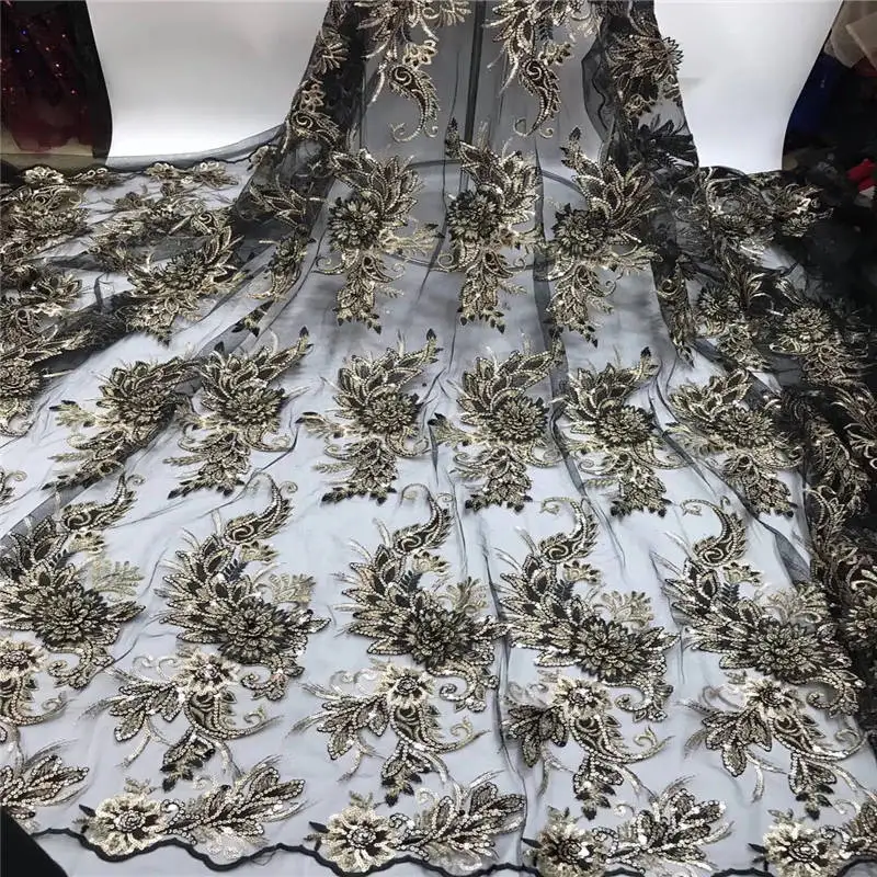 High-quality African lace sapphire 3D sequins embroidery high-quality French gauze sequence fabric with tassels | Дом и сад