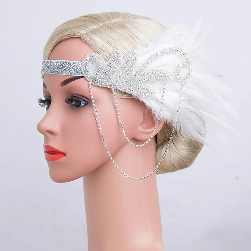 white headband 1920s Гэтсби блесток бахромой Пейсли Винтаж бисером Хлопушка вечерние платья с 20s аксессуары набор плюс размер(черный/белый/синий/красный - Цвет: white headband