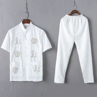 casual mandarin collar short sleeve shirtpant for men oriental male dragon tang suit chinese traditional kung fu clothing