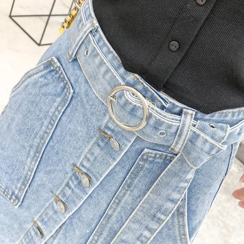 

Summer Mrs. Hohe Taille With Belt Buttons Jeans Rock Female Bag Single Streetwear Vintage A -line Rock