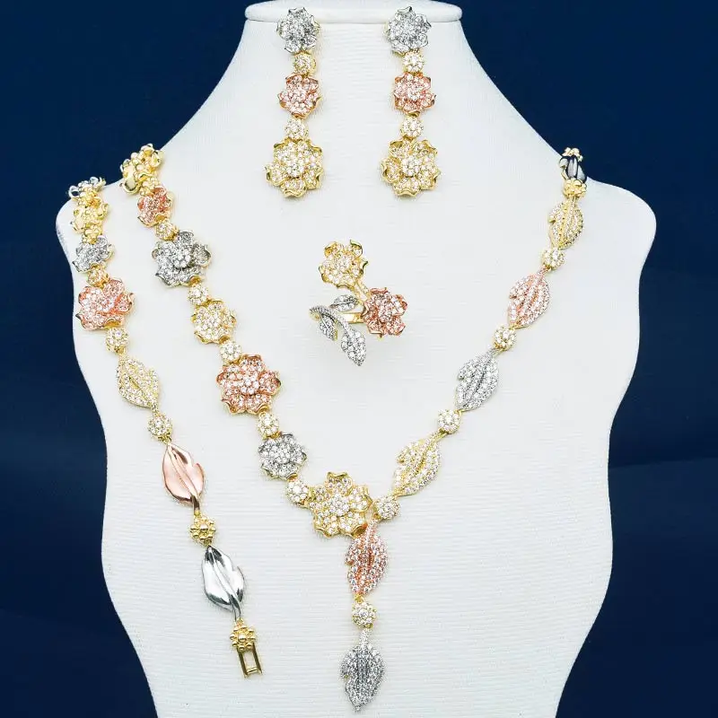 ModemAngel, изящные цветы, листья, фианиты, медное свадебное ожерелье, браслет, серьги, кольцо, комплект ювелирных изделий из Дубая