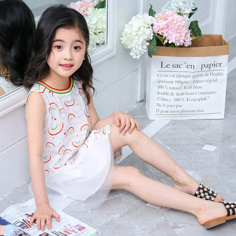 Rainbow Girl Dresses Patchwork Mesh White Kid A-line Sleeveless Princess Fairy Dressing for Girls Children's Clothing | Детская
