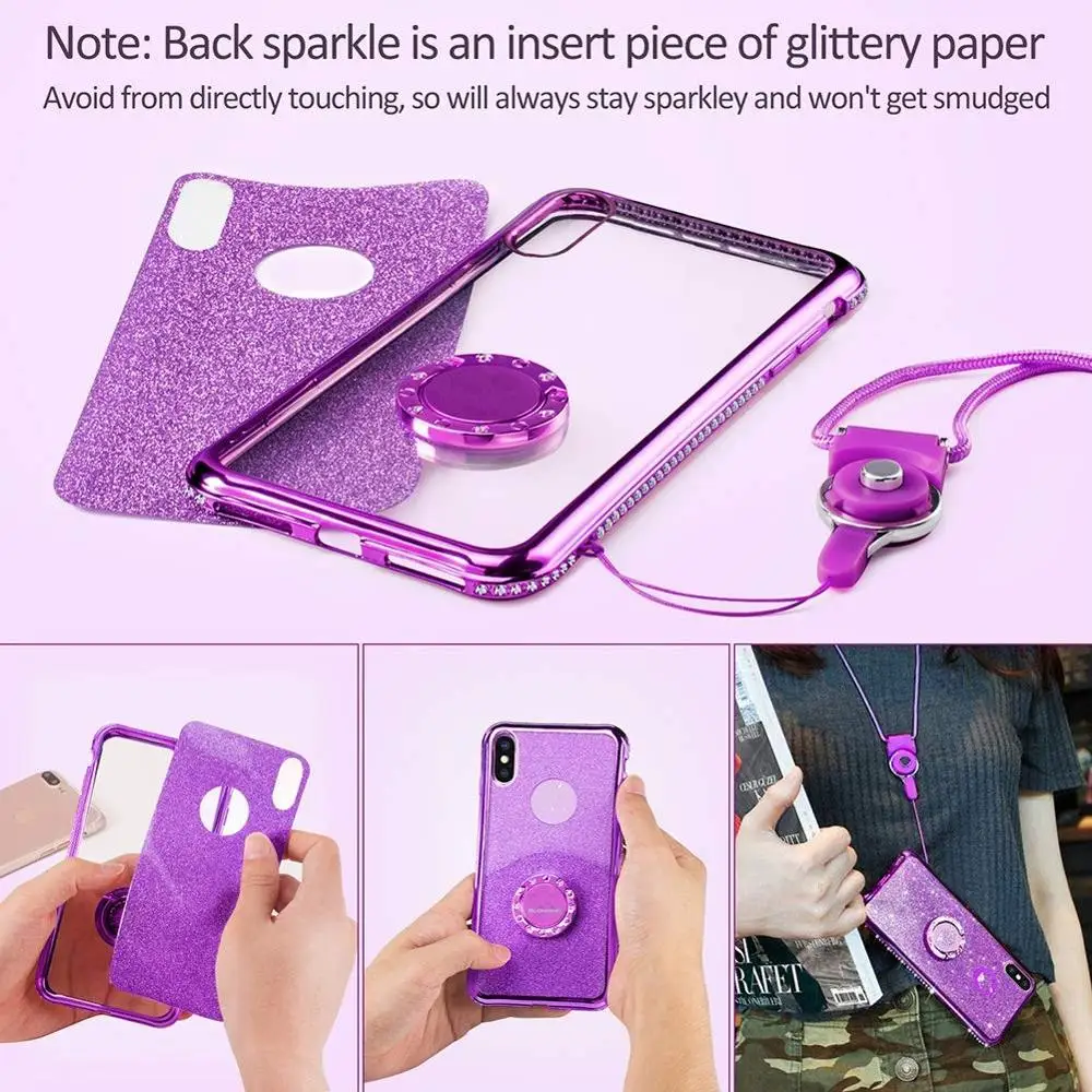 Diamond Case for iPhone XS Max XR X Cover Crystal Glitter Bling For 6 6s 7 8 Plus Ring Kickstand Bumper |