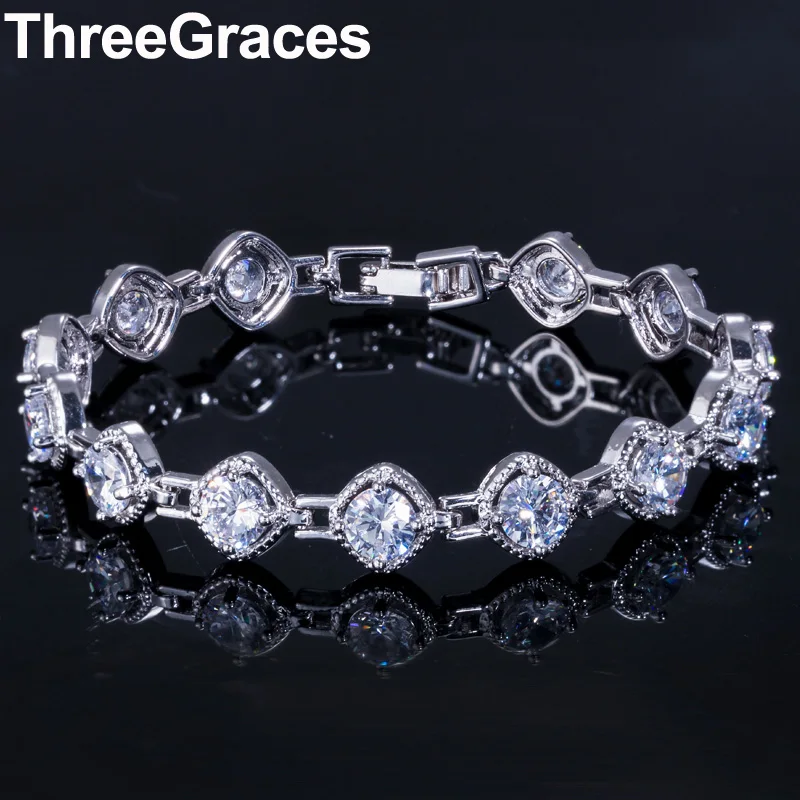ThreeGraces AAA круглый фианит Кристалл проложенный серебряный цвет Теннисный браслет