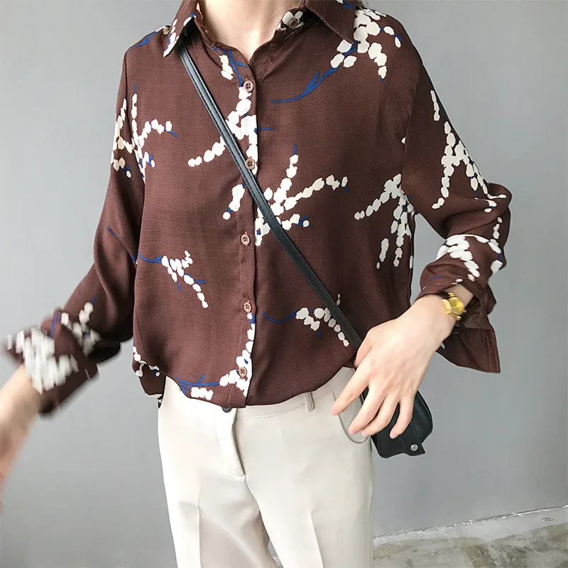 Винтажная летняя и осенняя женская блузка 2018 свободная Тонкая с ретро принтом