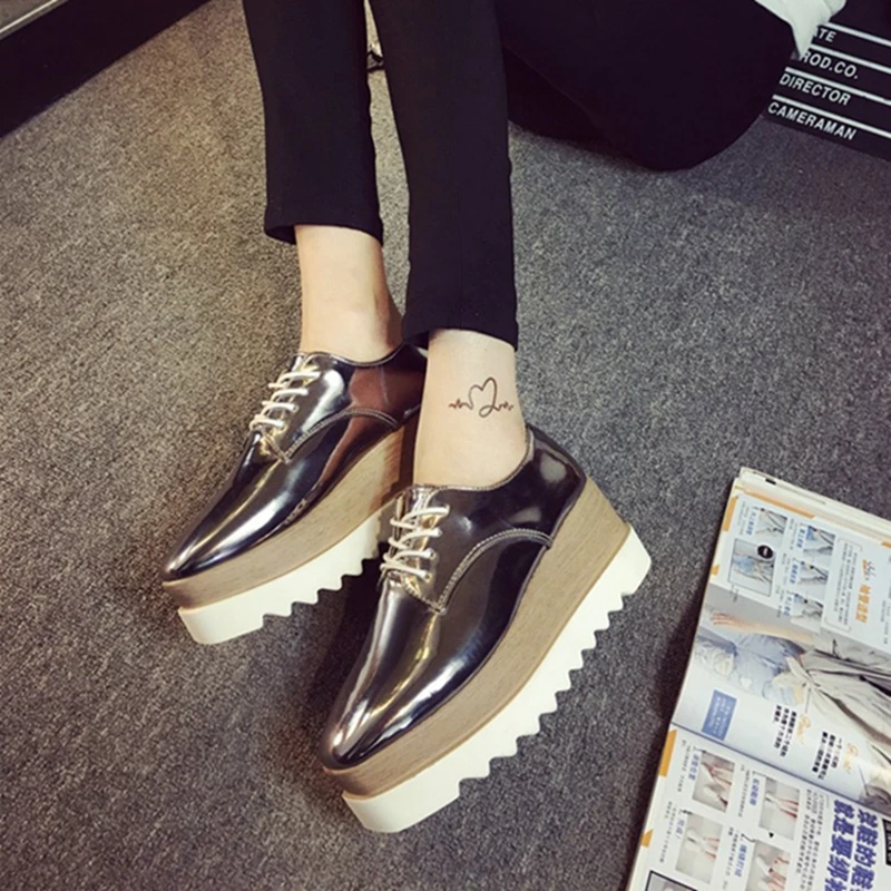 COOTELILI 35-39 Spring Casual Solid Flat Women Shoes Patent Leather Lace-Up Loafers Flat Platforms British Style Ladies Oxfords