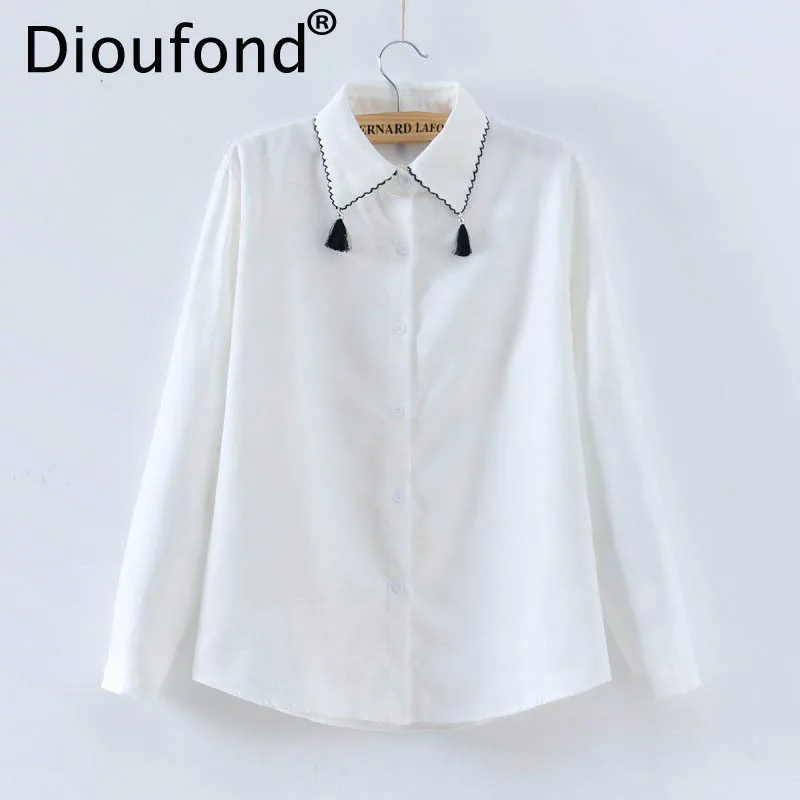 Dioufond Turn Down Collar Female Tops White Tassel Preppy Style Blouse Long Sleeve Shirt Solid Women Fashion Blouses 2018 Spring |