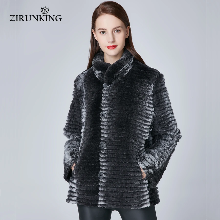 ZIRUNKING женский Настоящий мех кролика Черная курточка женские двустороннее