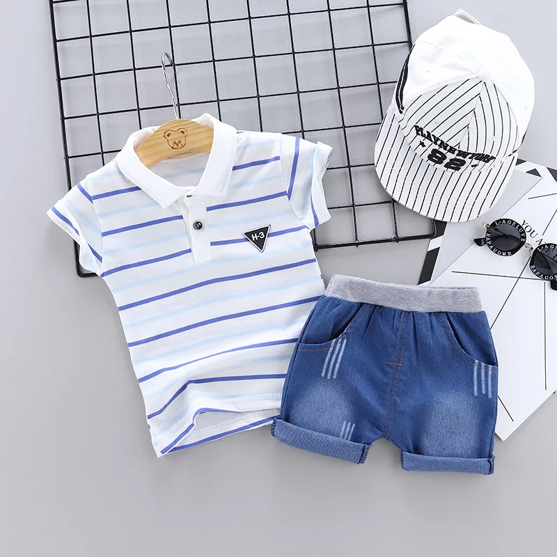 2019 Summer Boy Sets Children's clothes kids Striped Lapel Short Sleeve T-Shirt + Shorts 2 pieces Children Set | Детская одежда и
