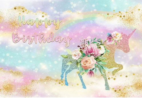 

7x5FT Pink Gold Rainbow Floral Unicorn Happy Birthday Washable Wrinkle Free Photo Studio Background Backdrop Polyester Fabric