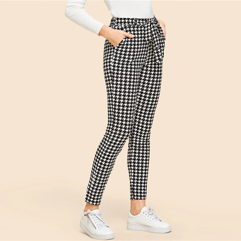 SHEIN Прямолинейные Брюки В Клетку С Эластичной Талией Женские Весенние Элегантные Брюки С Поясом