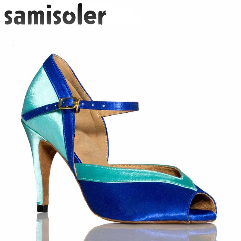 Samisoler Skin/Bule New Flash Cloth Collocation Shine Ribbons Ballroom Fashion Dance Women Latin Competition Shoes | Спорт и