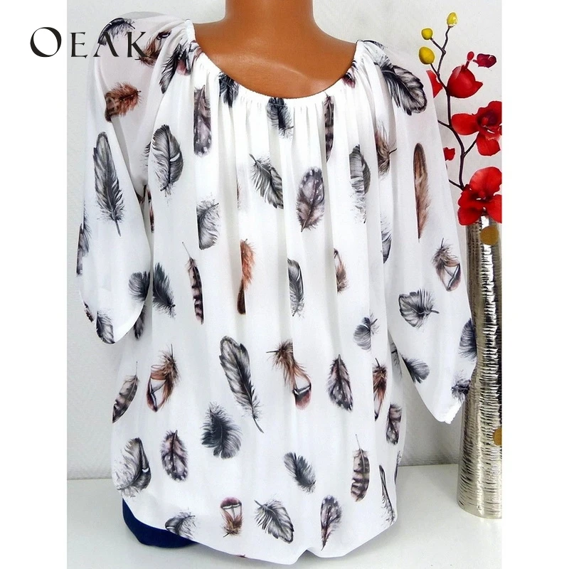 OEAK 5XL летние женские Базовые Футболки с принтом перьев футболки коротким рукавом