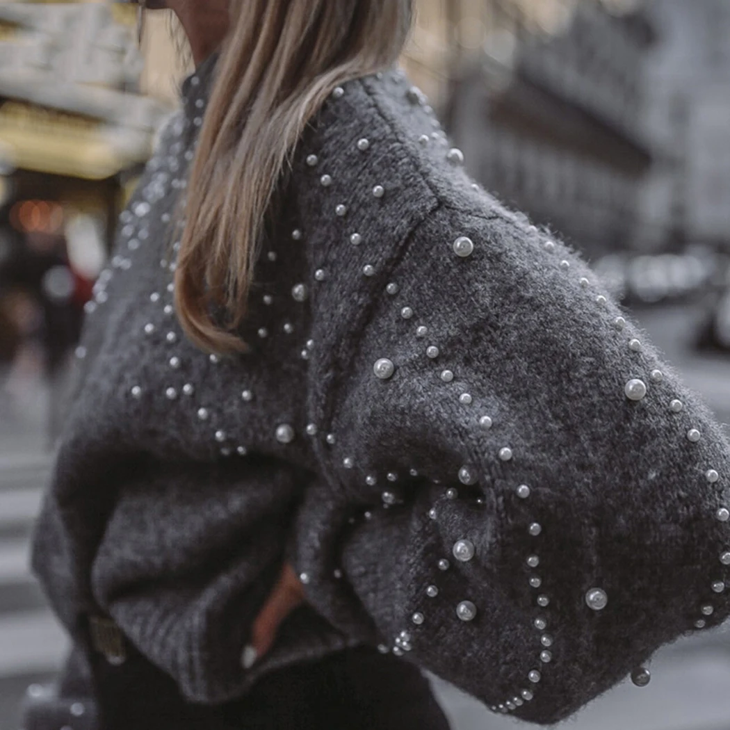 Winter Women Pearl Beading Turtleneck Warm Jumper Knitted Sweater Female Lantern Sleeve Loose Gray Sweaters Pullover Pull | Женская