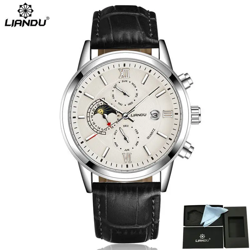Liandu Moon Phase Мужская Повседневная Кварцевые часы многофункциональные спортивные