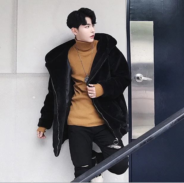 Повседневное черное пальто с искусственным мехом Jaqueta De Couro Masculina зимняя куртка