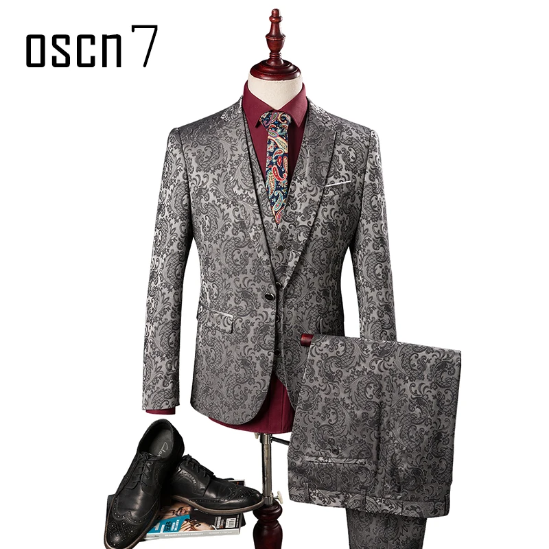 OSCN7 3 шт. серебряный костюм для мужчин Slim Fit 2019 необычный сценический певицы